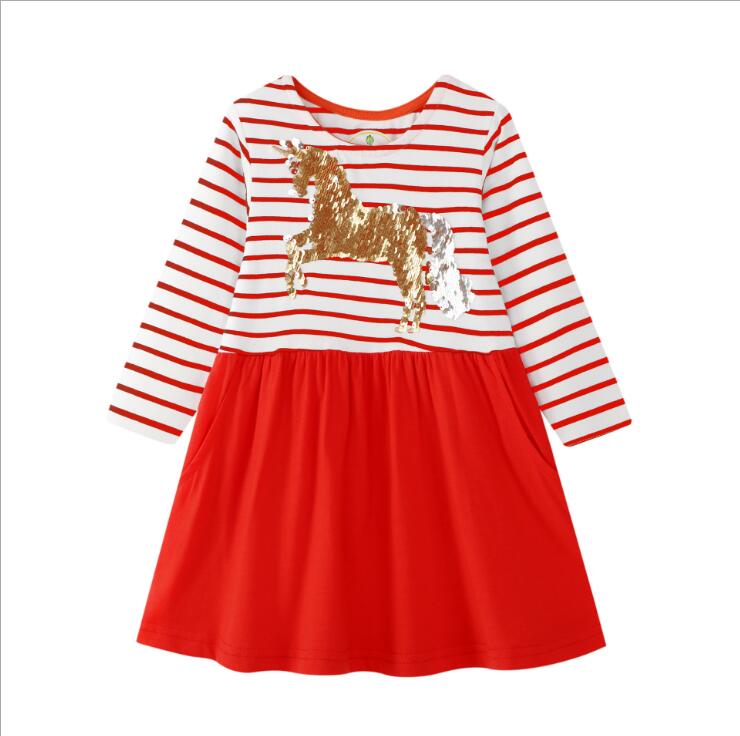 European Baby Toddle Girl Kids Autumn Long-Sleeves Colored Striped Pockets Dress