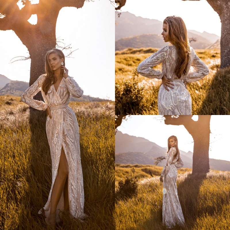 

Slits Elegant Sheath Wedding Dresses V Neck Sequins Appliques long Sleeves Sash Wedding Dresses Vestidos De Novia, Burgundy