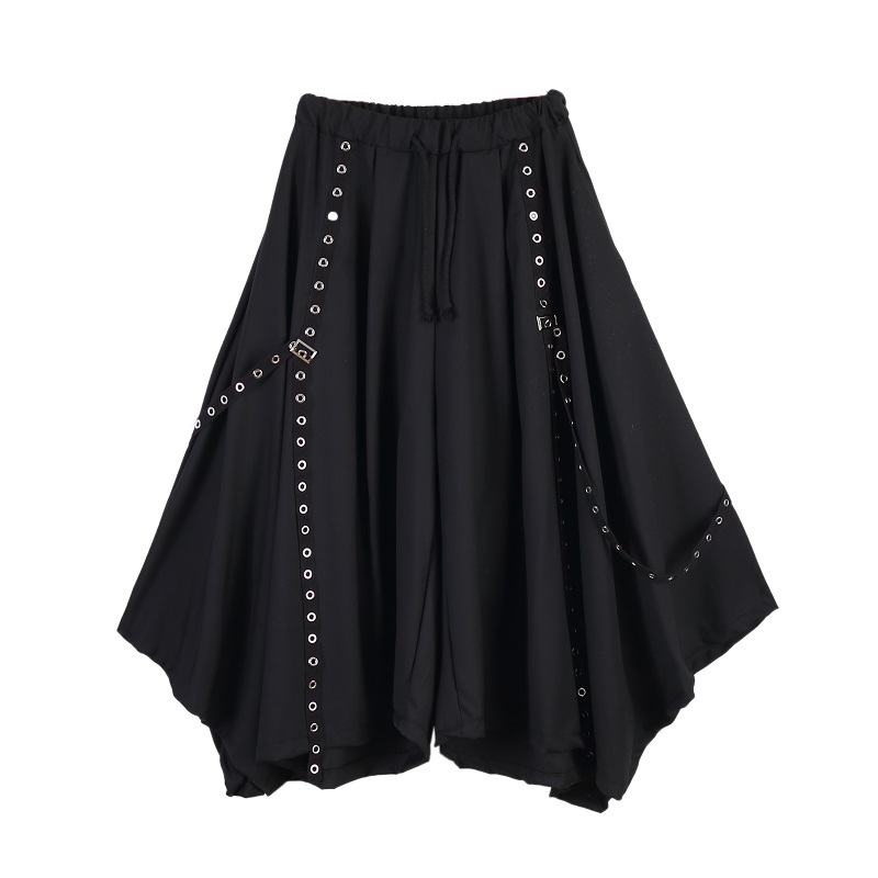 

EWQ / men and women's wear 2020 spring Personality Rivet ribbon patchwork Irregular loose black wide leg pants tide new 9Y99701
