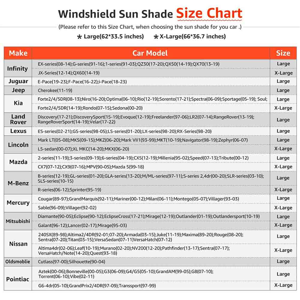 Sun Shade Size Chart