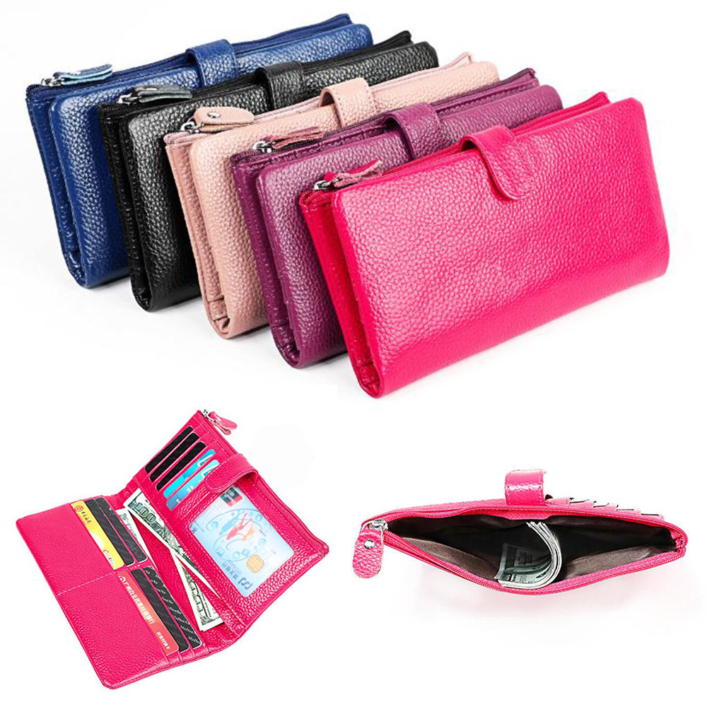 RFID Blocking Genuine Leather Women Long Clutch Wallets Card Holder Banknote Pocket Pouches Zipper Purse Cowhide Fold Over Wallet, 5 colors for choice