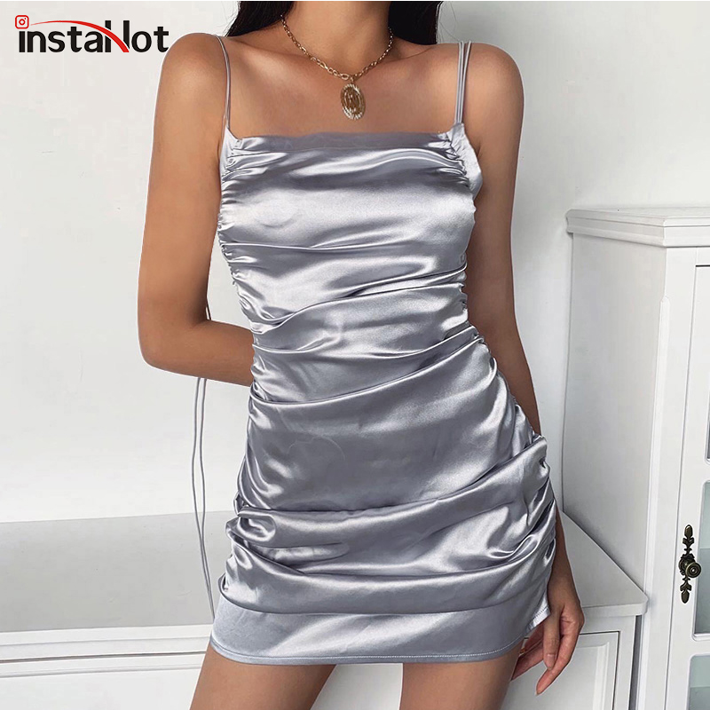 

InstaHot Sexy Spaghetti Strap Silk Dress Women Summer Drawstring Ruched Backless Elegant Silver Casual Party Female Mini Dress, Silver dress
