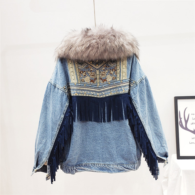 

2019 New Fashion Winter Denim Cotton Jacket Women Fur Collar Embroidered Flower Rivet Fringed Loose Coat Female F319, Black