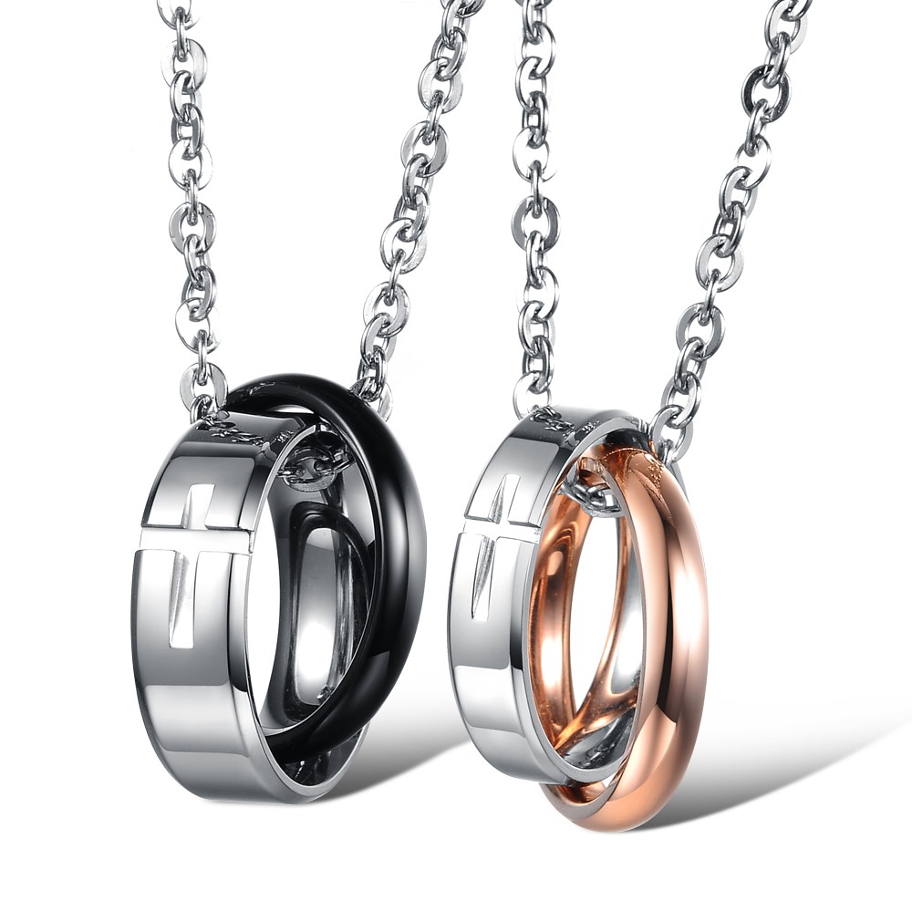 

Cross Pattern Double Circle Couple Pendant Necklace Stainless Steel 14k Gold Plated Titanium Steel Lover Necklace Jewelry