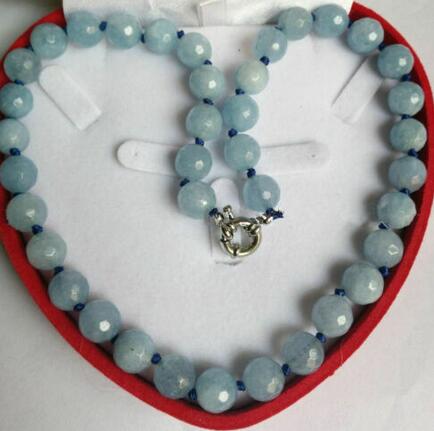 

10mm Natural Faceted Blue Aquamarine Round Gemstone Beads Necklace 18"