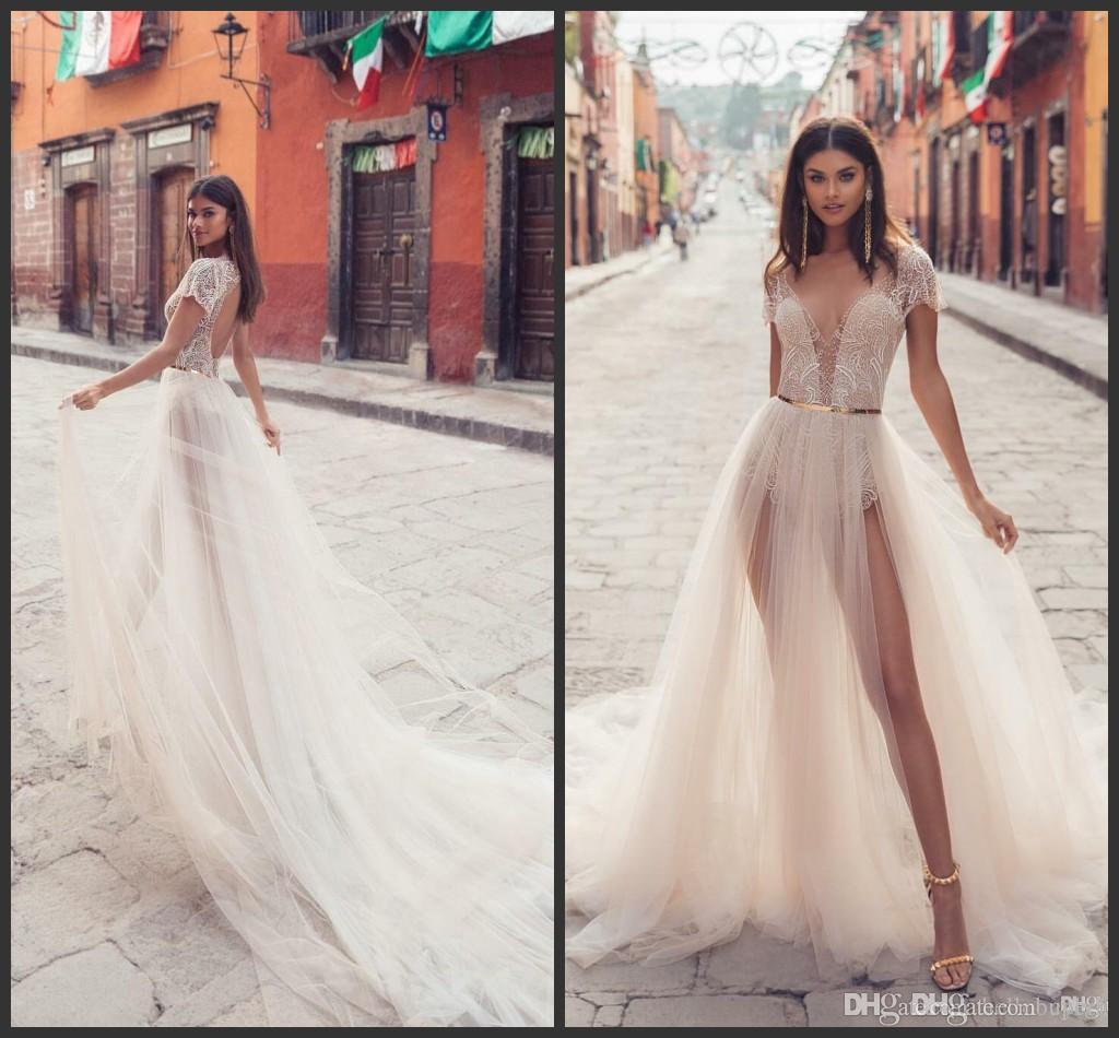 

Julie Vino 2019 Sexy Beach Wedding Dresses Illusion Bodice Lace V Neck Backless Thigh High Slits Bridal Gowns Fashion Boho Wedding Dress, Pink