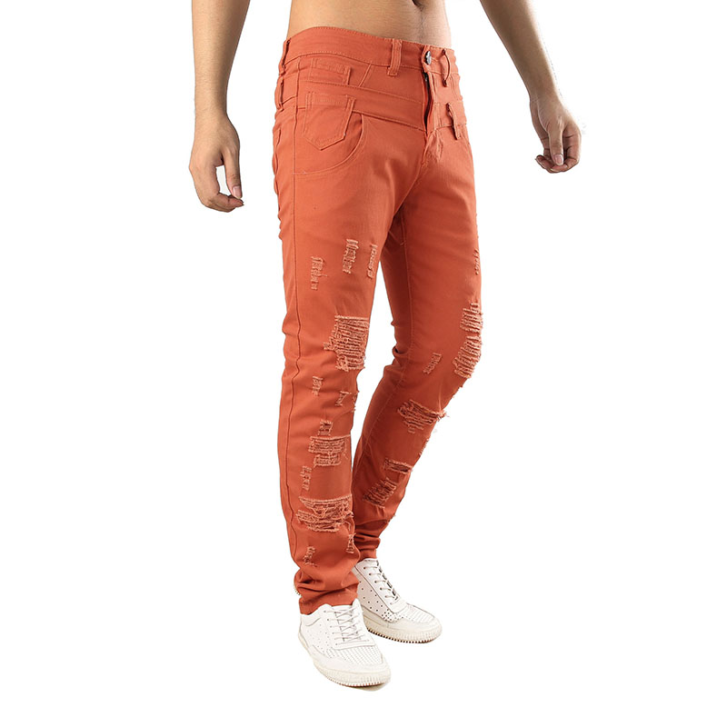 

Men Casual jeans Slim denim Knee Hole pants Ripped Scratched Two Waist Fashion high quality, T-7032 red