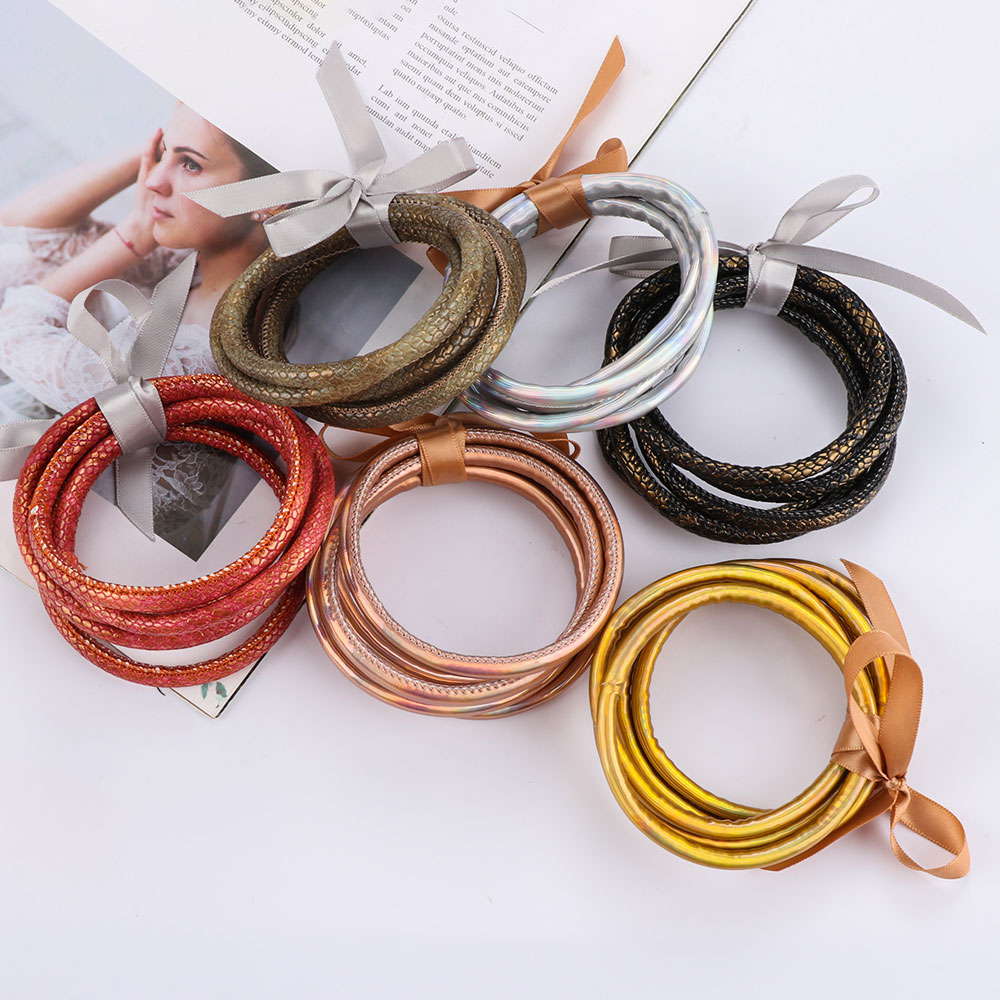 

5 PCS/Set Bowknot Gold Silver Glitter Bangles Set 2019 All Weather Stack Silicone Plastic Glitter Jelly Bangles Wholesale Bracel