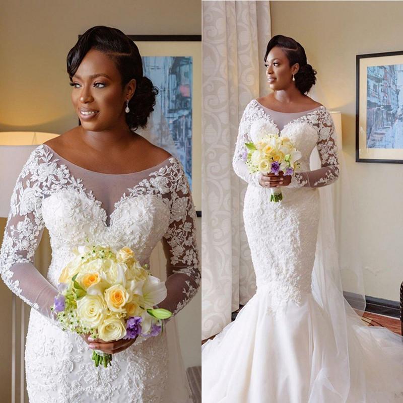 

Elegant White Lace Beaded Wedding Dresses Aso Ebi Long Sleeves Mermaid Bridal Dresses Vintage Wedding Gowns Vestidos De Soiree, Nude