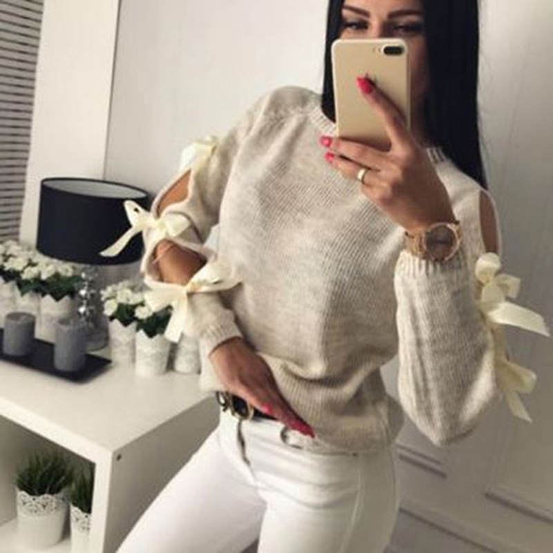 Autumn Sweater 2020 Women Sexy O-Neck Warm Knitted Sweaters and Pullover Bow Hollow Out Long Sleeve Knitwear Jumper Pull Femme