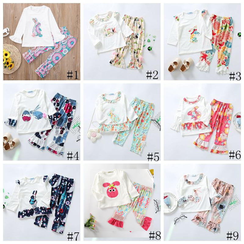 

2020 Easter Kids Girls Clothes children Girls Easter Outfits Bunny Pattern Animal Print Shirts Ruffle Bell Pants Clothes Set, As show