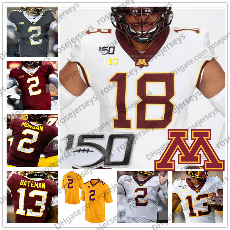 

Custom Minnesota Golden Gophers 2020 Football 0 Rashod Bateman 2 Tanner Morgan 150TH NCAA Jersey Any Number Name White Gray Yellow Red 4XL, White with 150th