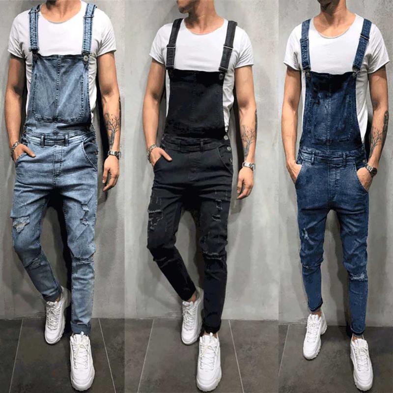

Trendy Ripped Jeans Overalls Man Strap Jeans Hole Slim Fit Denim Pants Casual Trousers Men Clothing, 734 deep blue
