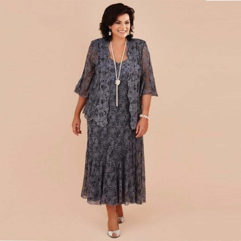 

Plus Size Grey Lace Mother of the Bride Dress with Jacket Coat Ankle Length Short Column Wedding Guest Suits Evening Party Gowns
