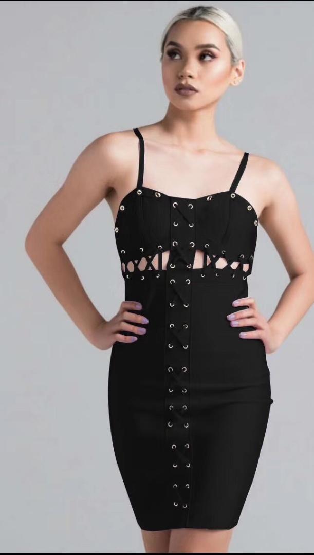 

High Quality Sexy Hollow Out Black Rayon Bandage Dress 2019 Knitted Elastic Elegant Party Dress, As pic