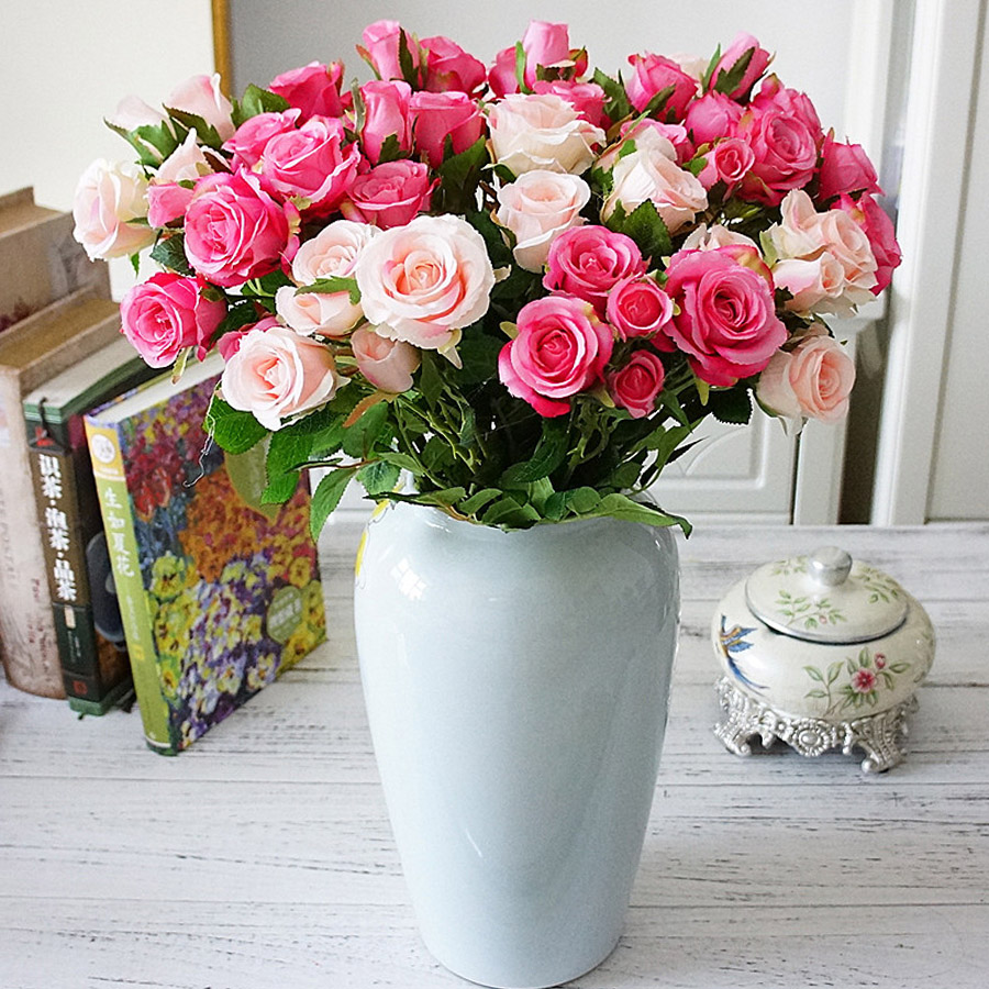 

roses artificial flowers for wedding wall fake flowers white home decoration plastic long branch 5 heads pink rose silk, Champagne flowers