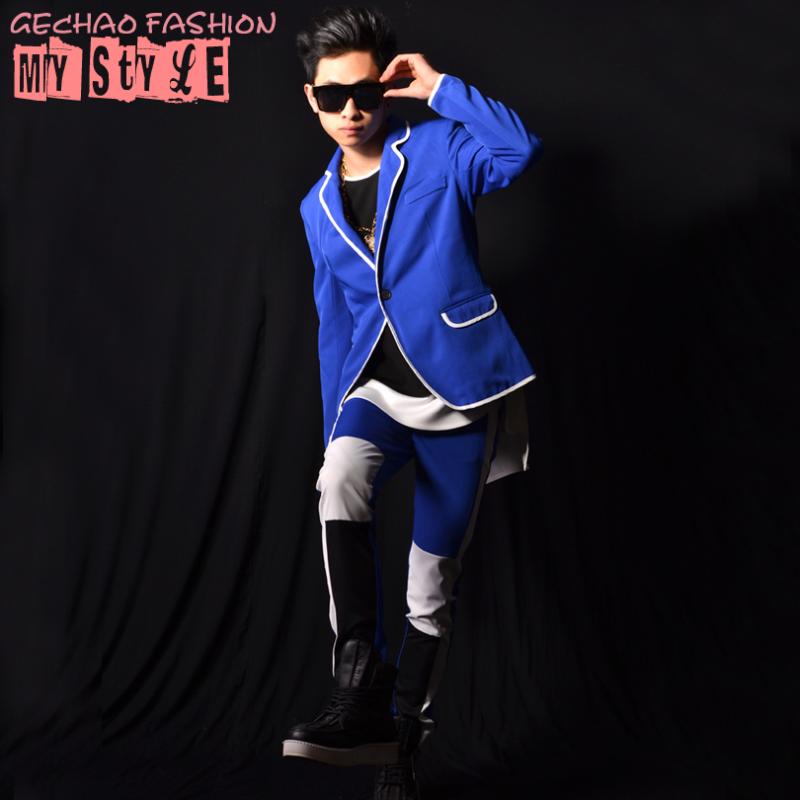 

6XL! Nightclub bar male singer DSDJ blue white stitching suit bar performance clothing costumes, Vest
