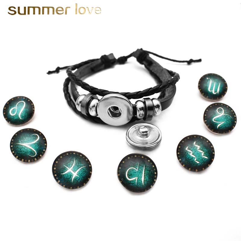 

Snap botton 12 Zodiac Constellation Glowing Charm Bracelet for Women Men Multilayer Braided Leather Bracelet Fashion Birthday Jewelry Gift