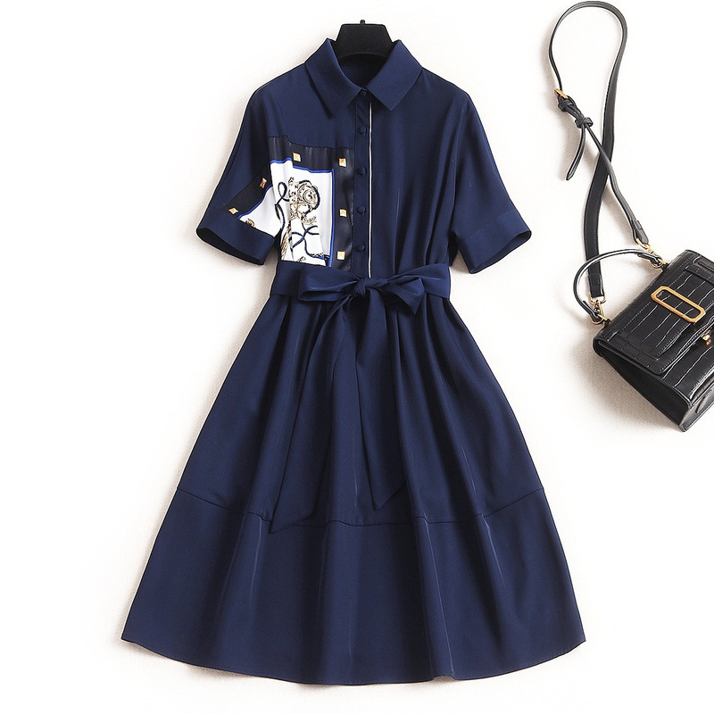 

2020 Summer 1/2 Sleeve Lapel Neck Blue Contrast Color Belted Panelled Knee-Length Dress Elegant Casual Shirt Dresses OJ2314233