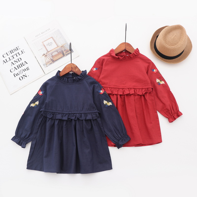 

girl clothing new girls Kids long sleeve Stand collar Emboridery flower dress causal 100% cotton Exquisite girls dresses, Orange