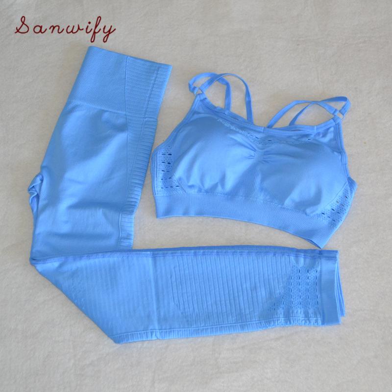 

Leggings+bra Yoga Set Women Gym Fitness Clothing High Waist Sport Legging Bra Set Running Sportswear, Blue