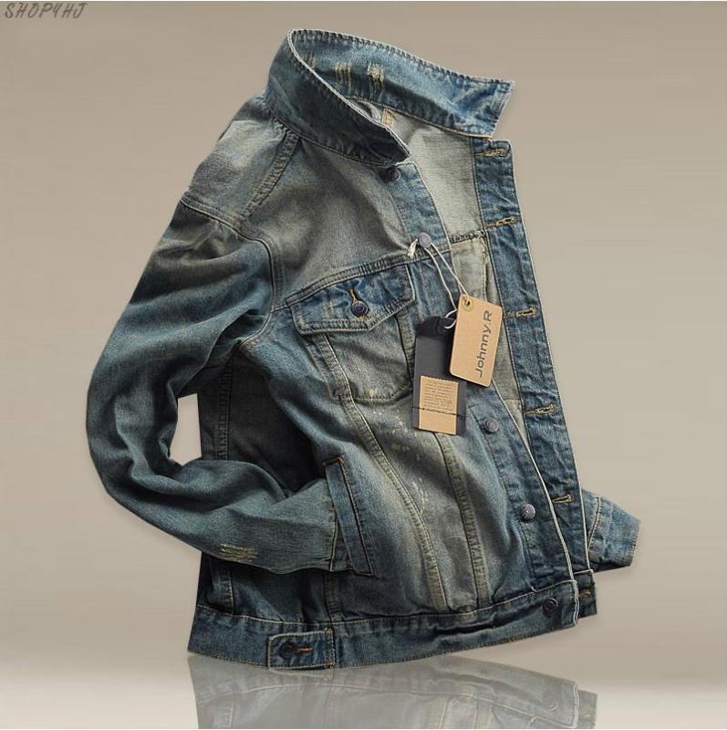 

Distressed Denim Man Slim Fit Streetwear Hip Hop Vintage Jacket Hi-Street Men Ripped jeans Jackets washed patchwork, Blue