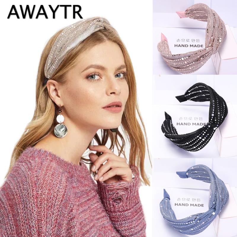 

AWAYTR New Lace Twist Glitter Headband For Ladies Hair Hoop Hairbands Wide Women Hair Accessories Bezel Headpieces