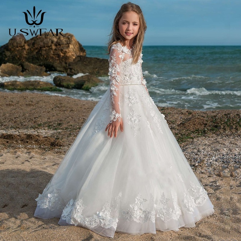 

New Arrivals Flower Girlsdresses Lace Long Sleeves Ball Gowns with Pearls First Communion Dresses for Girls Pageant Dresses, White