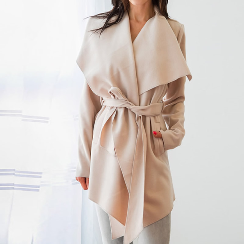 

Fashion-Lapel Belt Trench Coat Elegant Woolen Overcoat Long Coat Outerwear 2018 Spring Autumn Casual Windbreaker Cardigan Coats, Black