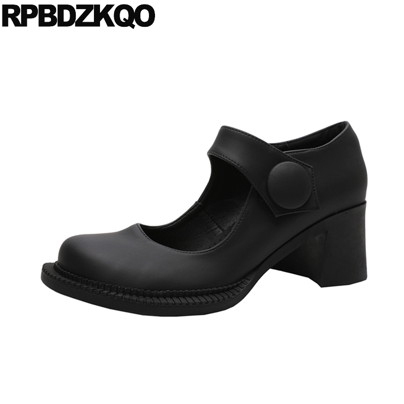 

patent leather fashion thick mary janes women shoes 2019 round toe casual black block medium heels size 4 34 pumps autumn chunky, Black matte