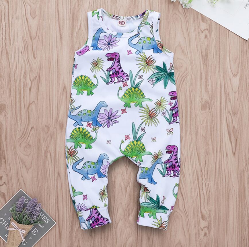 

Girl Dinosaur Print Sleeveless Romper Baby Summer White Jumpsuit Kids Clothes One Piece ZHT 202, As picture