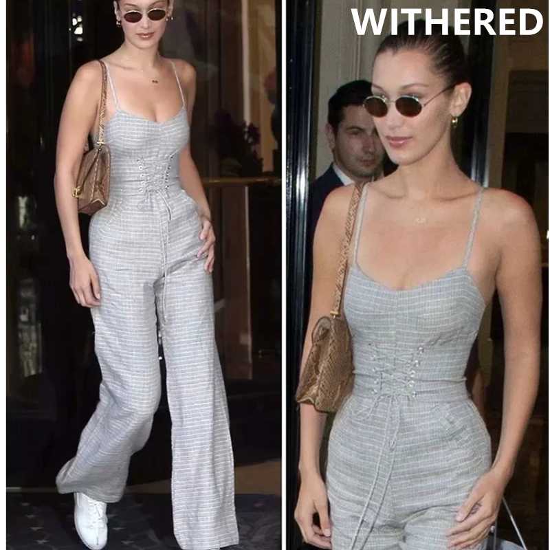 

Withered 2020 ins fashion blogger kelly same plaid spaghetti strapless jumpsuit women rompers womens jumpsuit combinaison femme, Grey blue