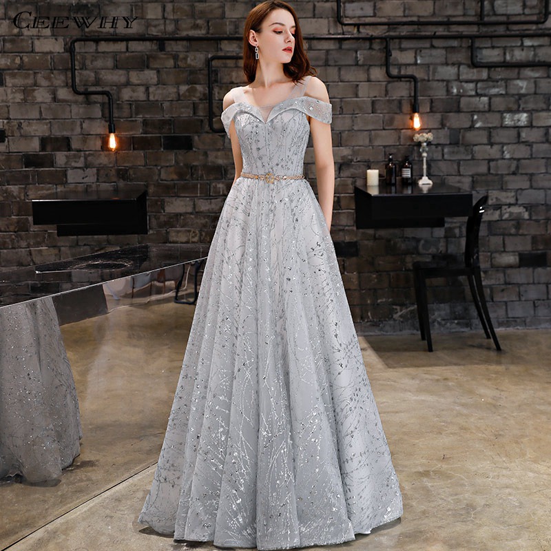 

CEEWHY Off Shoulder Sequin Evening Dress Vestido de Festa Prom Gowns Abendkleider Dubai Formal Dress Evening Gown for Women, Gray
