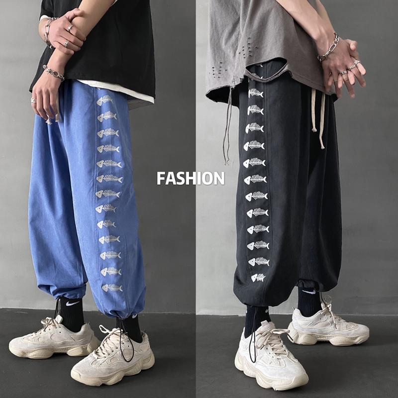 

Men Summer 2020 Printing Pants Men Loose Ankle-Length Oversize Joggers Male Casual Korean Wide Leg Clothing Bottoms, Black
