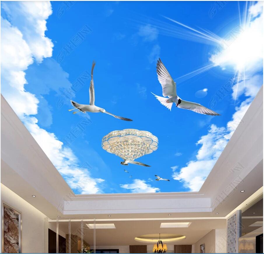 

3d ceiling murals wallpaper custom photo non-woven murals wallpaper for walls Blue sky, white clouds, bird ceiling, zenith mural, Picture shows