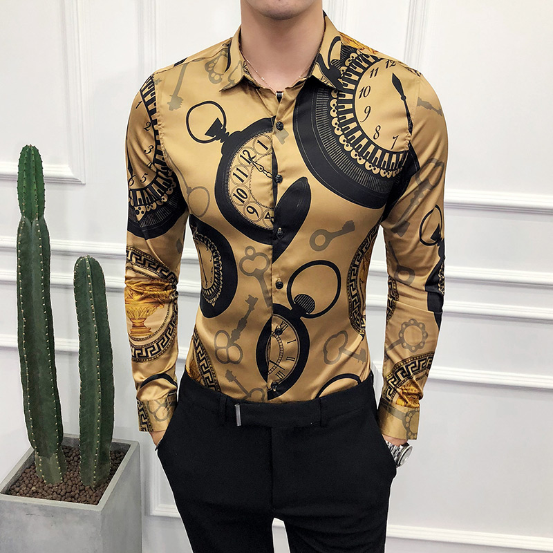 

Casual Shirt Men's Long Sleeve Gold Shirt 2019 Korean Dress Slim High Quality Tuxedo Fashion Club Work Social 6XL, Black