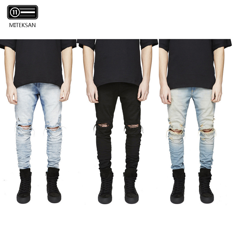 

2019 Men Stylish Ripped Jeans Pants Denim Trousers New Fashion Skinny plus Jeans men Biker Slim Straight Frayed, Blue