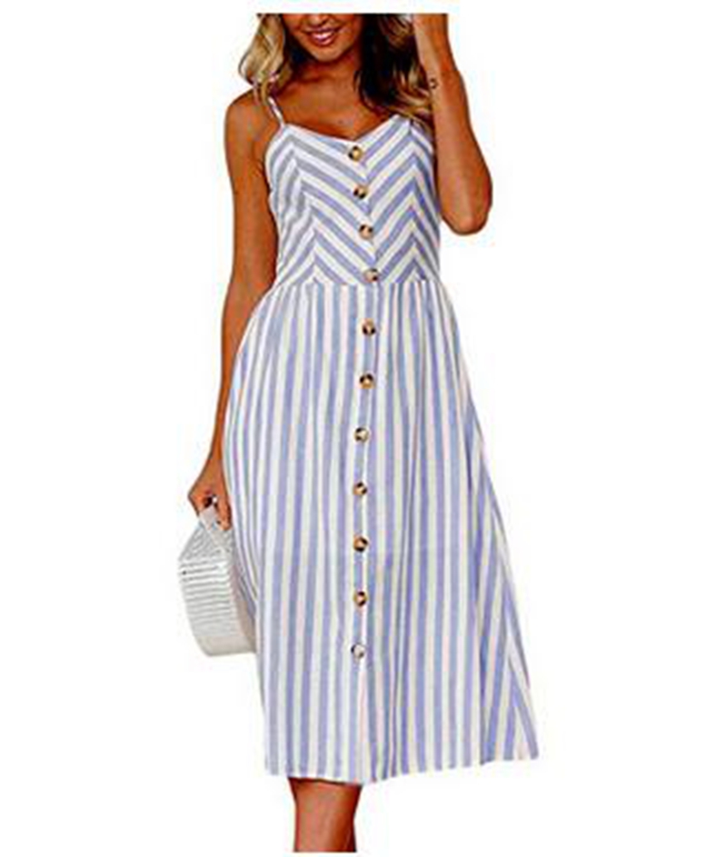

Casual Vintage Sundress Women Summer Dress Boho Sexy Dress Midi Button Backless Beach Polka Dot Striped Floral Dress, 0913- green