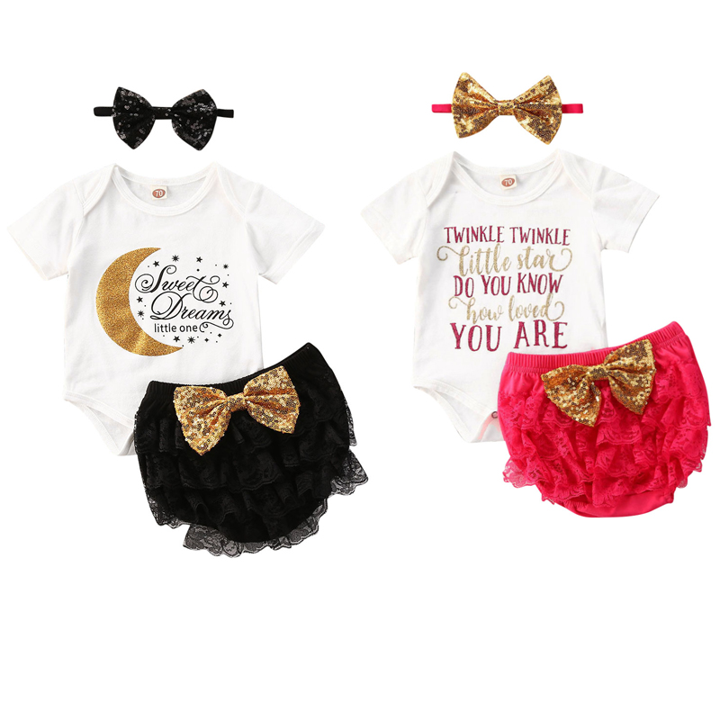 

Focusnorm 0-18M Summer Clothing Set Toddler Baby Girl Shot Sleeve Letter Printed Romper Top Lace Pants Headband 3Pcs Set