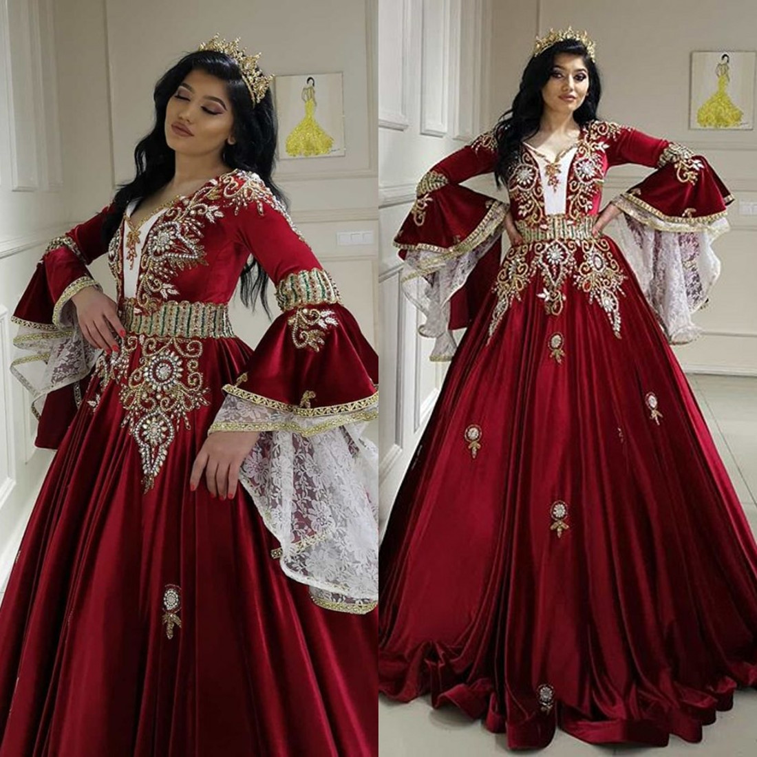 

2020 New Prom Dresses V Neck Poet Long Sleeves Appliques Beads Evening Gowns Custom Made Sweep Train A Line Formal Party Wear, Brown