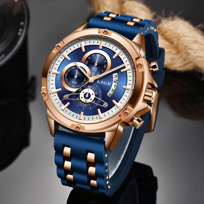 

LIGE 2020 Mens Watches Top Men Sport Wristwatch Silica gel Quartz Watch erkek saat Relogio Masculino+gift, Rose gold blue