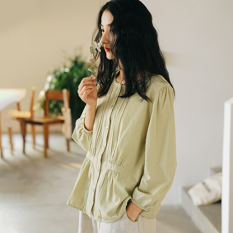 

Women Wrinkle Cotton Loose Spring Blouse Tops Ladies Vintage Casual Shirt Female 2020 Embroidered Shirt, Blue