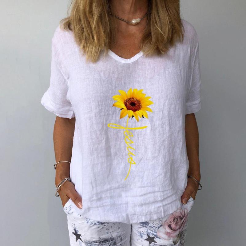 

Elegant V Neck Cotton Linen Blouse Women Shirts Summer Daisy Dandelion Print Tunic Tops Sexy Short Sleeve Loose Blusas Feminina, 01dandelion yellow