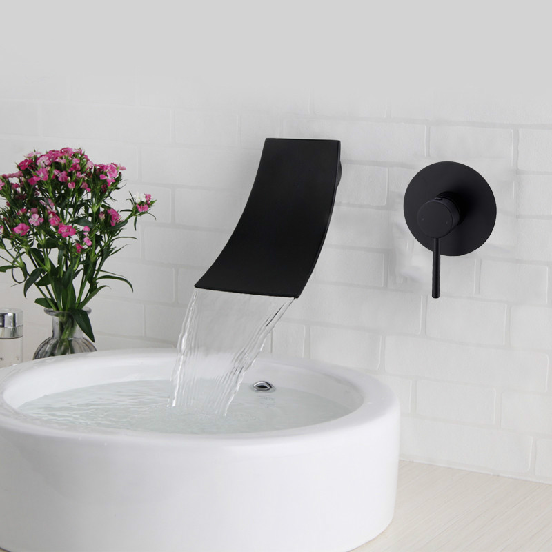 

Brass Wall Mounted Basin Faucet Waterfall Faucet Single Handle Bathroom Mixer Tap Hot Cold Sink Faucet Black & Chrome
