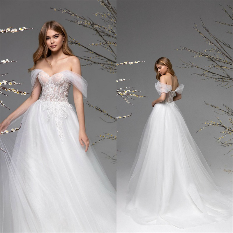 boho wedding dresses offshoulder sleeveless ruched tulle bridal gown bandage backless appliqued lace sweep train robes de marie hot sale