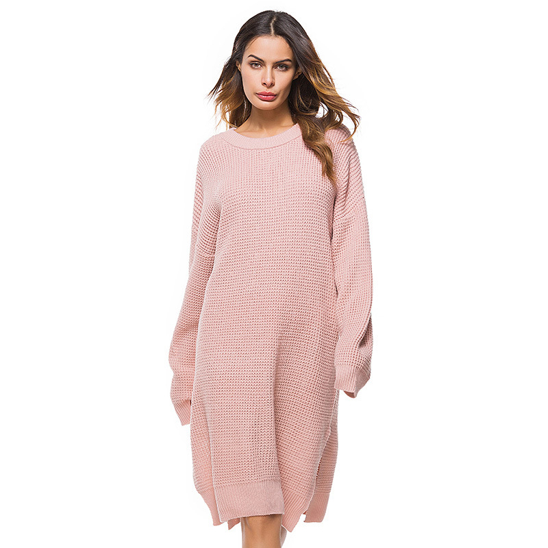 

Autumn Pink Sweater Dress Women Big Size Long Sleeve O-Neck Knitted Spring Solid Vestidos Loose Casual Party Dress Ladies, Black