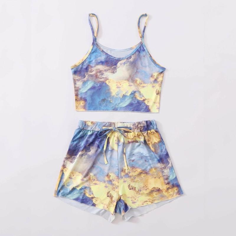 

Women Summer Sports Suit Two Piece Set Ladies Casual Tie Dye Print Strap O Neck Camis And Shorts Set Women Casual Tracksuit #3, Green