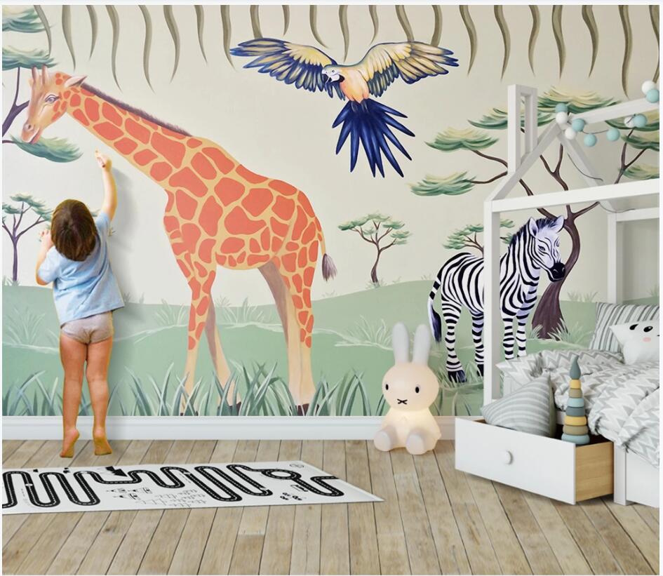

3d wallpaper custom photo Modern hand drawn prairie giraffe zebra cartoon animal room home decor 3d wall murals wallpaper for walls 3 d, Non-woven wallpaper
