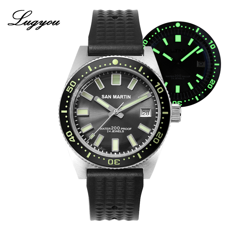 

Lugyou San Martin 62Mas Diver Mechanical Automatic Men Watch Stainless Steel NH35 Ceramic Bezel Sunray Dial Rubber Mineral Glass LY191213, Rubber blue in the eye