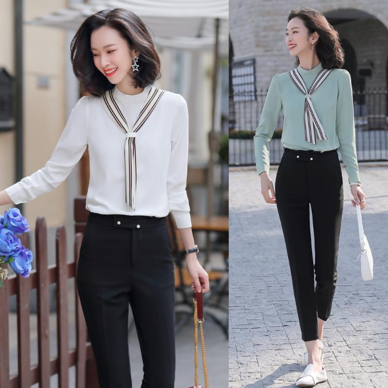 

Fashion 2 Piece Women Blouses & Shirts White Long Sleeve Office Ladies Pant and Tops Sets Pantsuits Styles, Blouse only